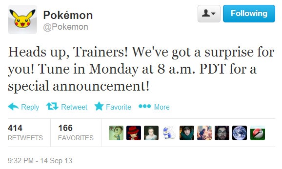 Pokémon - Heads up, Trainers! We've got a surprise for you. Tune in Monday  at 8 a.m. PDT for a special announcement!