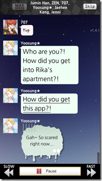 Mystic Messenger chat interface showing 707 conversation in a simulated Korean otome mobile messaging app