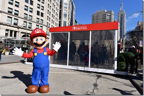 NEW YORK, NY - MARCH 03: In this photo provided by Nintendo of America, Mario makes a guest appearance at the Nintendo Switch in Unexpected Places activation at Madison Square Park in New York. The new Nintendo Switch home gaming system launches worldwide today on March 3, 2017 in New York City. (Photo by Michael Loccisano/Getty Images for Nintendo of America)