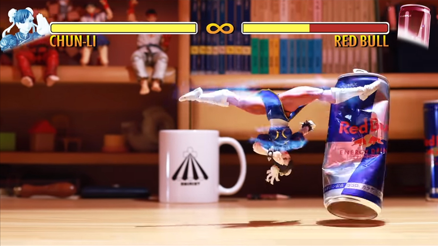 Chun Li from Street Fighter, a spinning bird kicks the can in a Stop Motion video