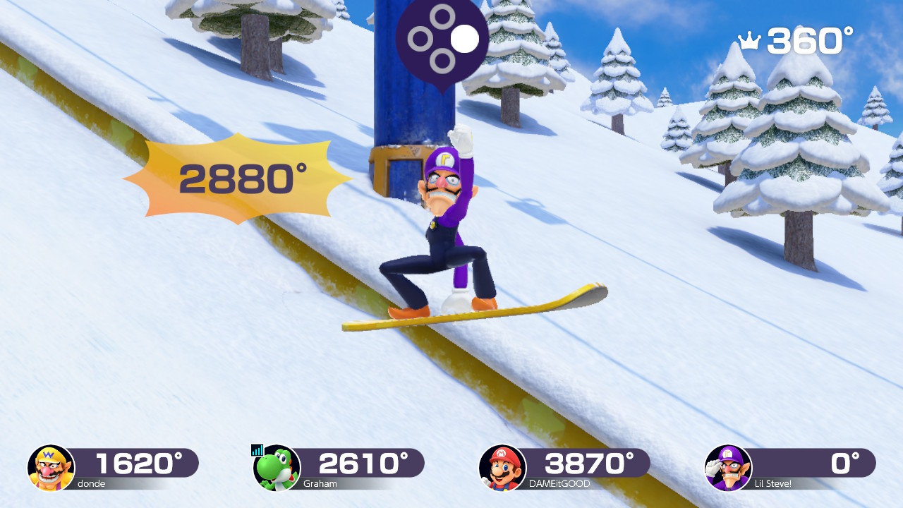 waluigi doing a sick snowboard trick online