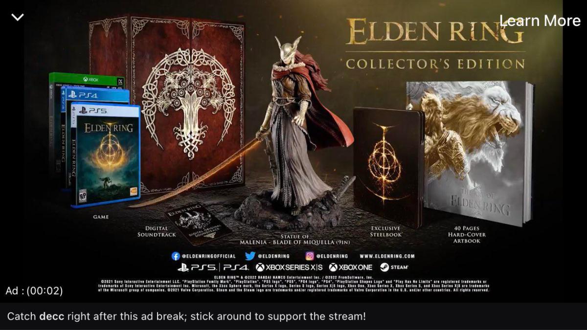 Ahead of the Elden Ring first gameplay stream, Twitch supposedly already started sharing ads showing off the Collector's Edition.