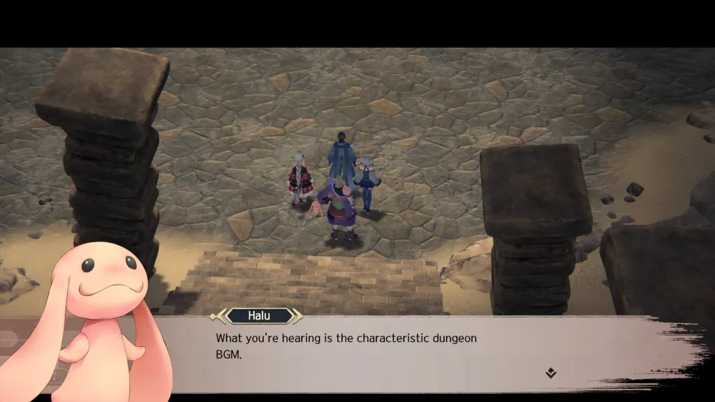 Monochrome Mobius screenshot showing Halu saying "What you're hearing is the characteristic dungeon BGM."