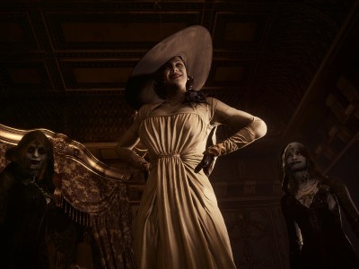 Resident Evil Village's Lady Dimitrescu leans over the player, with her daughters in the background.
