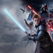 Banner key art for Star Wars Jedi: Fallen Order, depicting its core cast