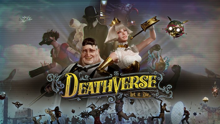 Key art for Deathverse: Let It Die, featuring the two presenters of the content behind the game's logo