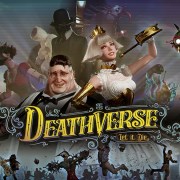 Key art for Deathverse: Let It Die, featuring the two presenters of the content behind the game's logo