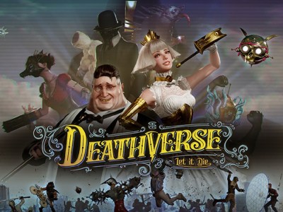 Key art for Deathverse: Let It Die, featuring the two presenters of the content behind the game's logo