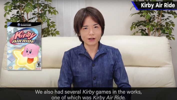 Kirby creator Masahiro Sakurai sat on the sofa during the filming of his YouTube series, Creating Games