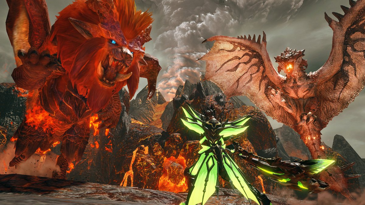 A hunter squares off against a Rathalos and Pyre Kadna-Kadaki in Monster Hunter Rise: Sunbreak