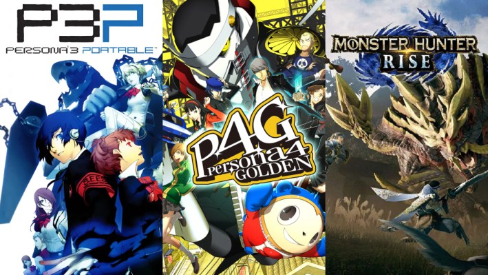 Key art of Persona 3, Persona 4, and Monster Hunter Rise