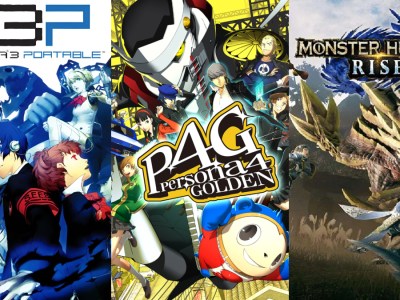 Key art of Persona 3, Persona 4, and Monster Hunter Rise