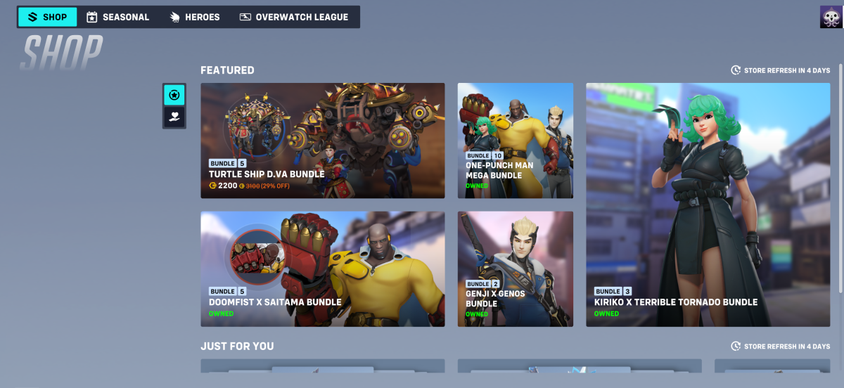 The Overwatch 2 store page featuring One Punch Man cosmetics. 
