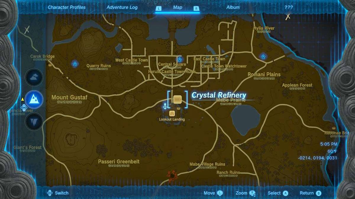 The Hyrule Crystal Refinery map location in Tears of the Kingdom.