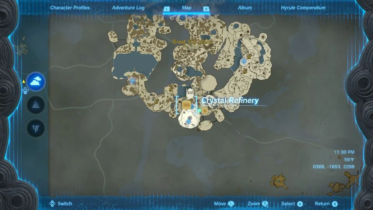 The Crystal Refinery map location in Tears of the Kingdom.