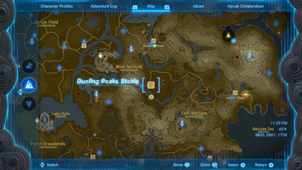 Dueling Peaks Stable map location in Tears of the Kingdom.