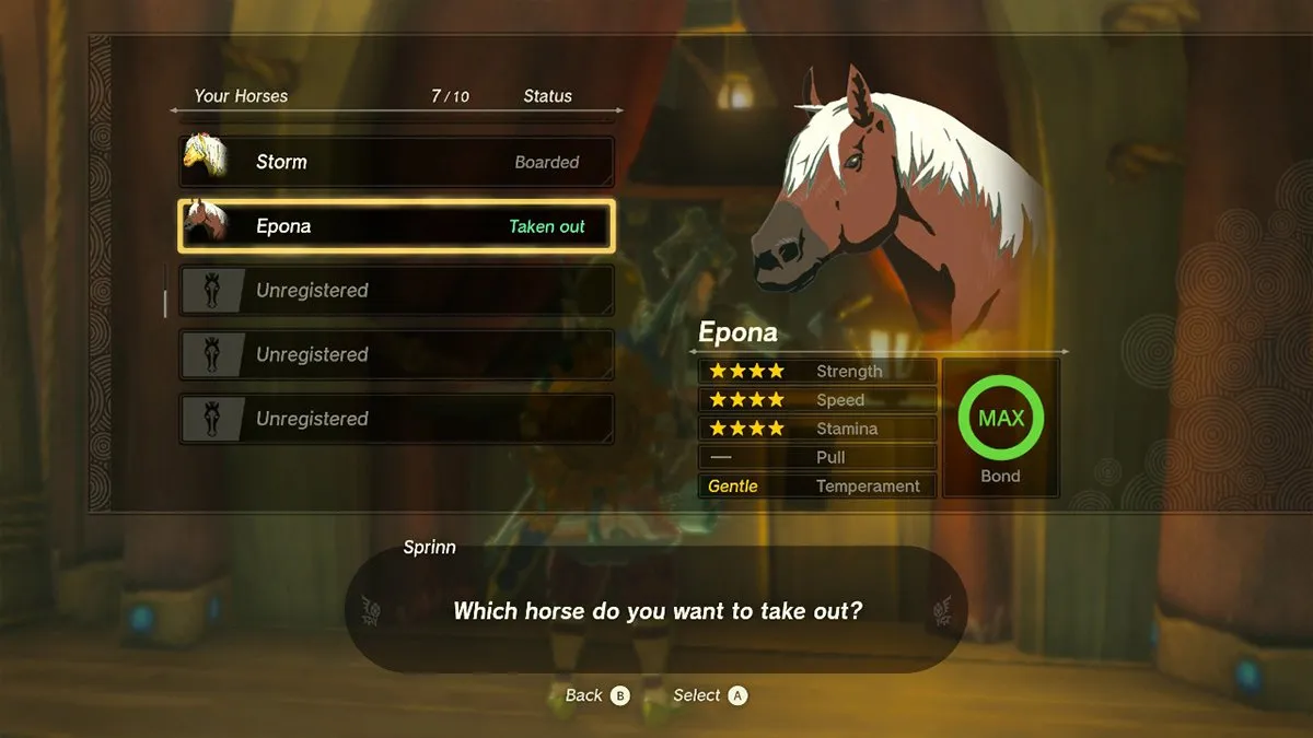A screenshot of Epona at a stable in The Legend of Zelda Tears of the Kingdom.