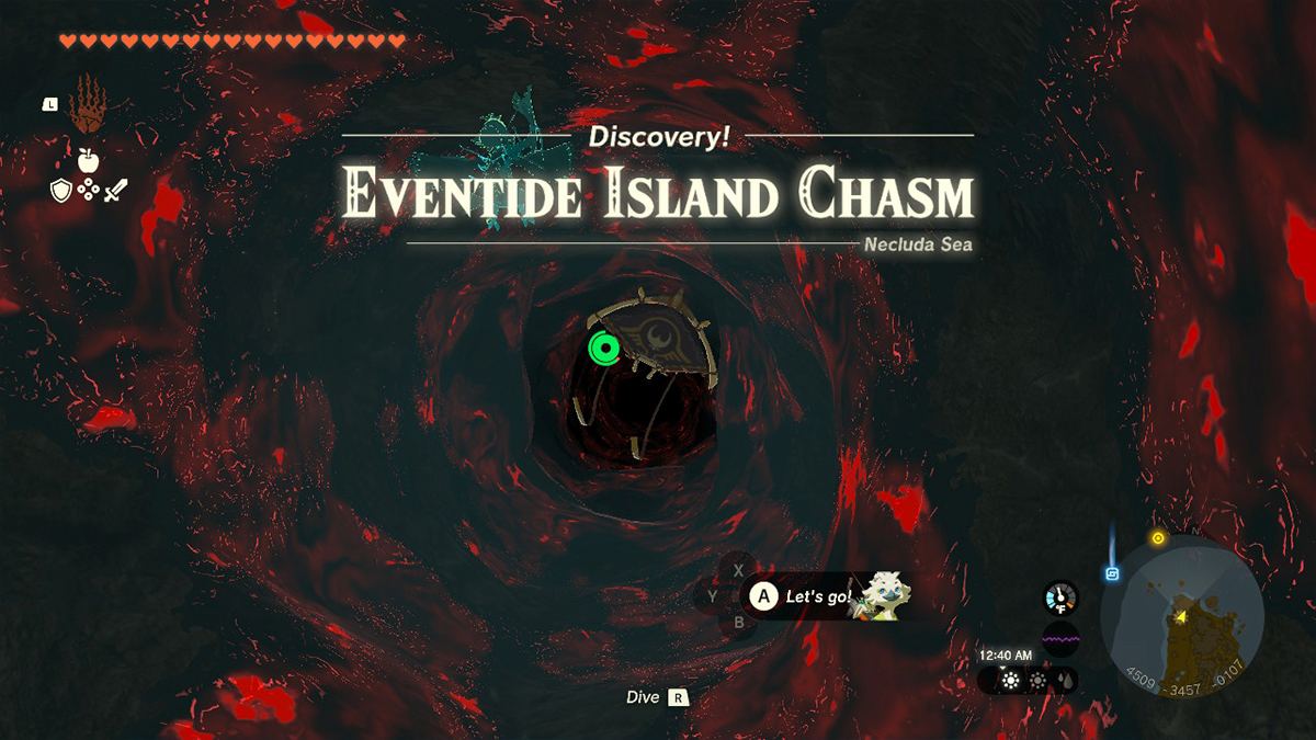 A screenshot of Link entering Eventide Island Chasm in Tears of the Kingdom.