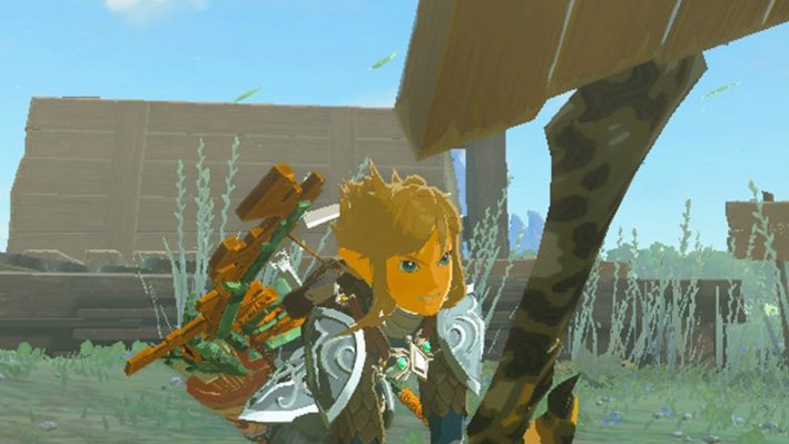 A screenshot of Link using a Guster in Tears of the Kingdom.
