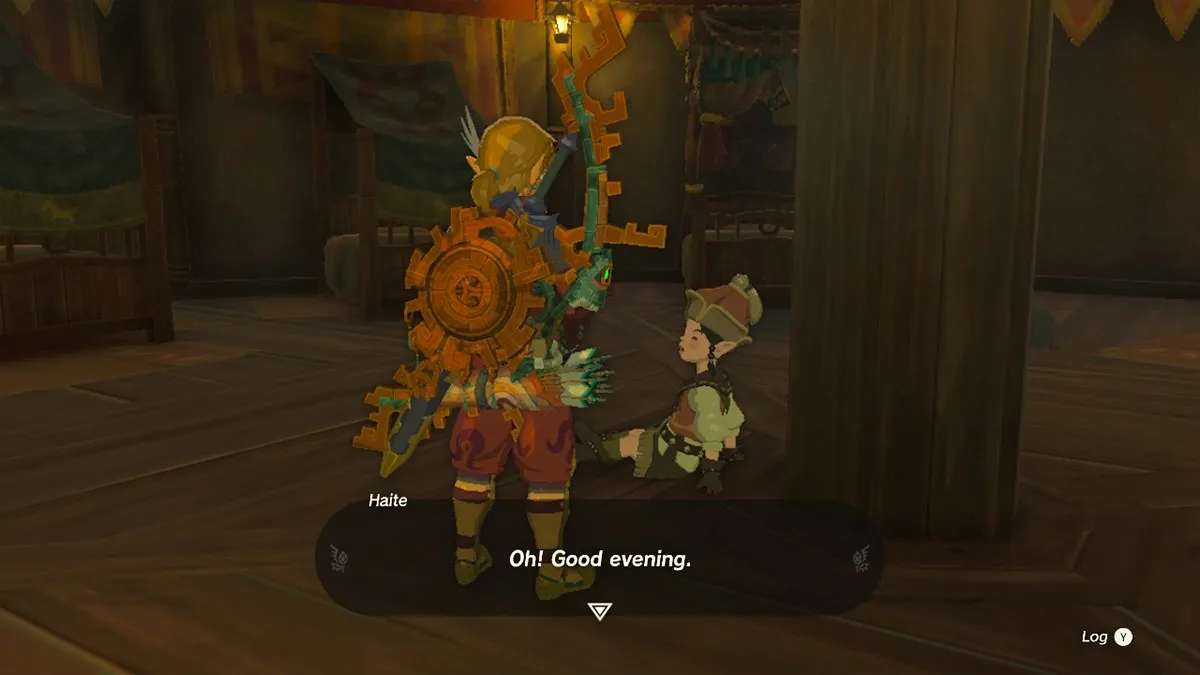 A screenshot of Link talking to Haite in Tears of the Kingdom.