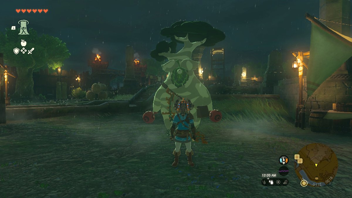 A screenshot of Hetsu standing in Lookout Landing in Tears of the Kingdom.