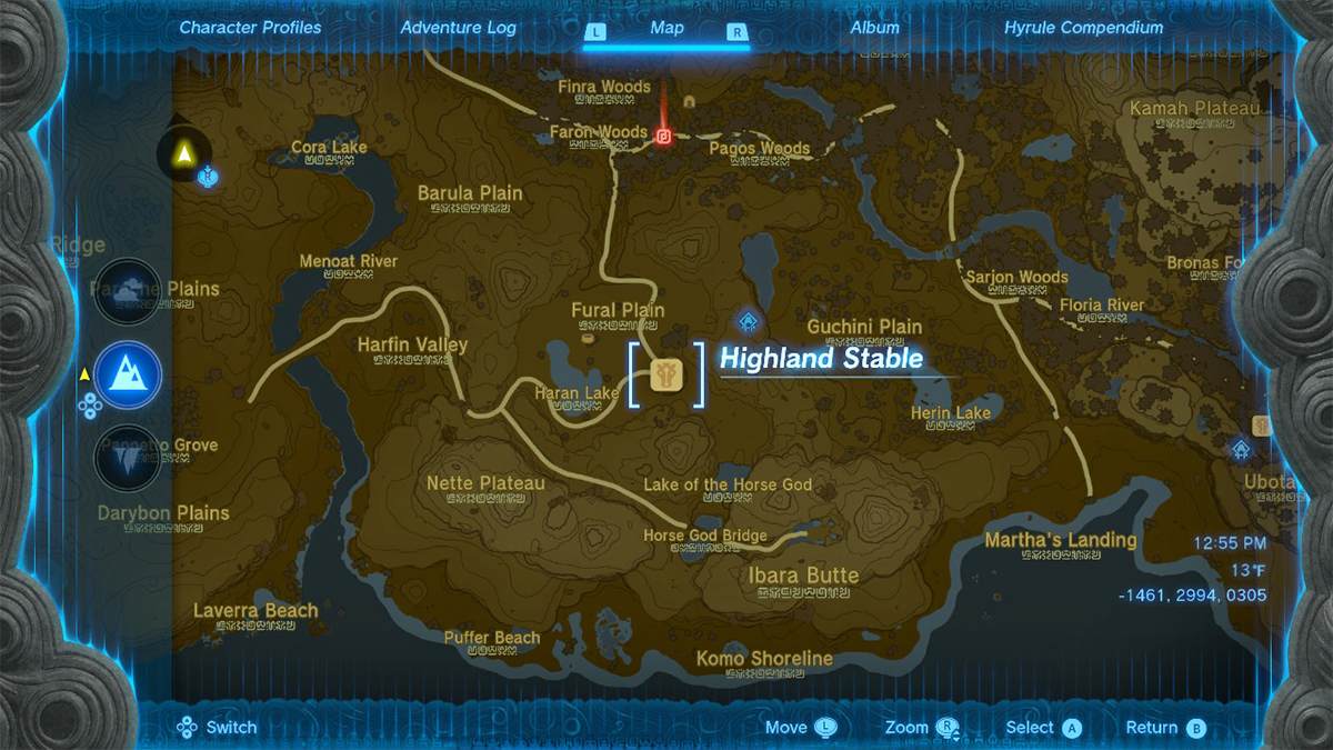 The Highland Stable map location in Tears of the Kingdom.