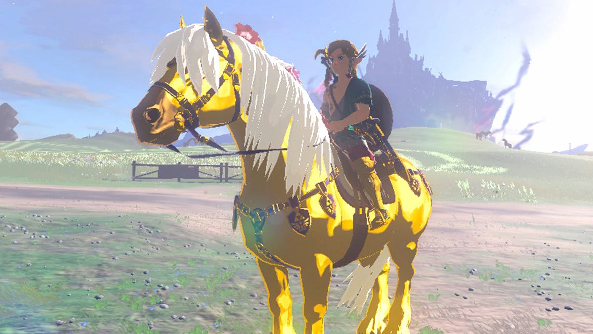 A screenshot of Link riding Zelda golden horse in Tears of the Kingdom.