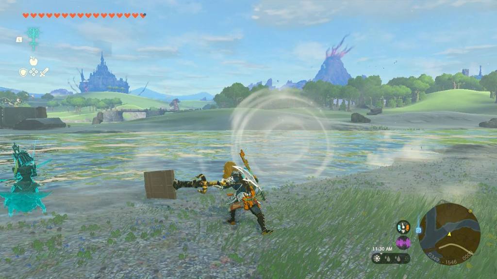 A screenshot of Link using a Guster in Tears of the Kingdom to create wind.