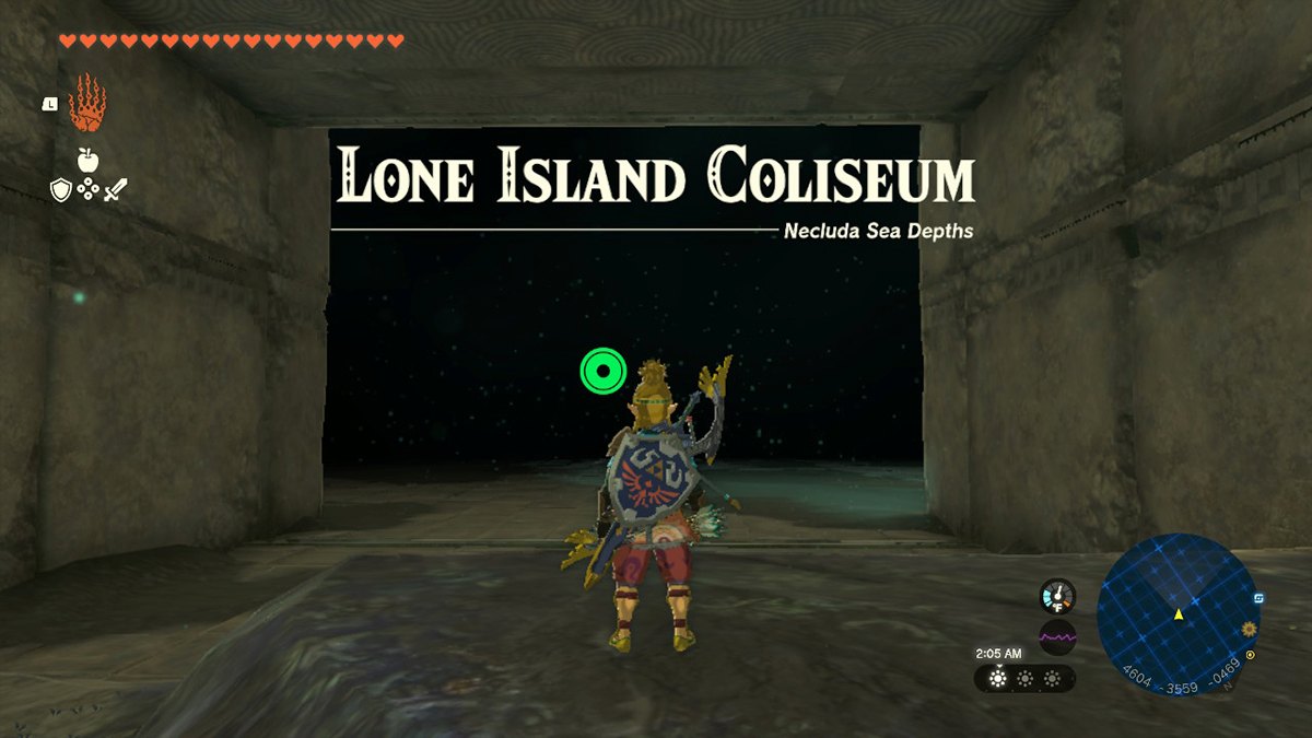 A screenshot of Link entering the Lone Island Coliseum in Tears of the Kingdom.