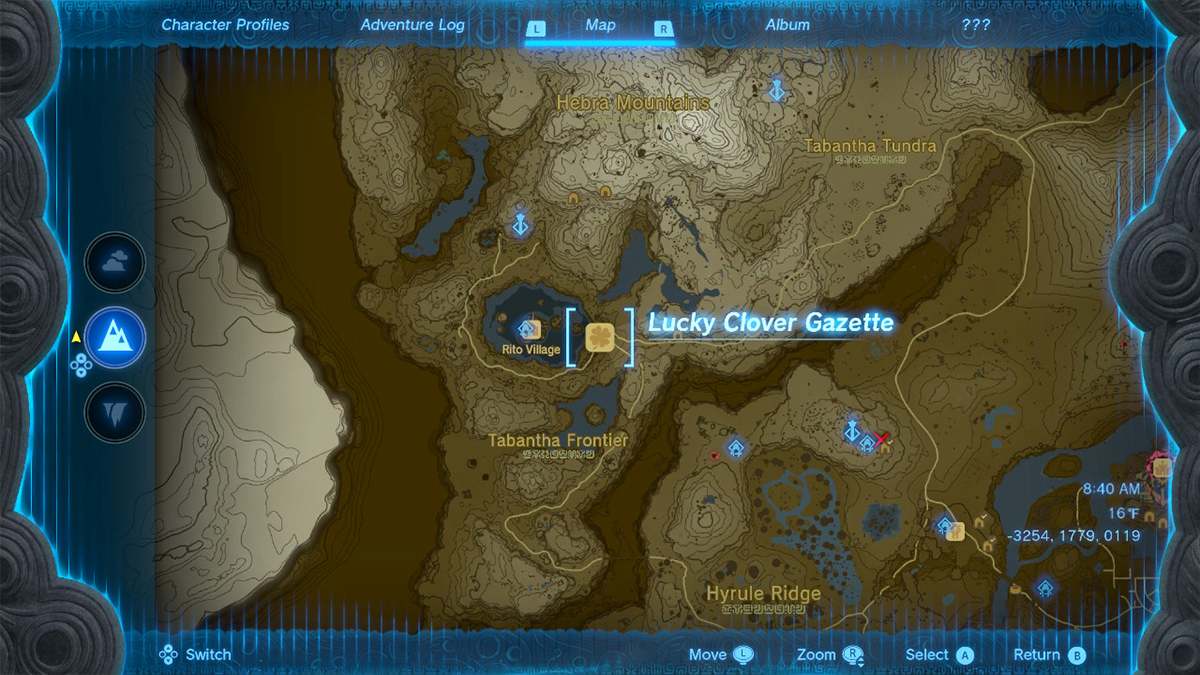 The Lucky Clover Gazette map location in Tears of the Kingdom.
