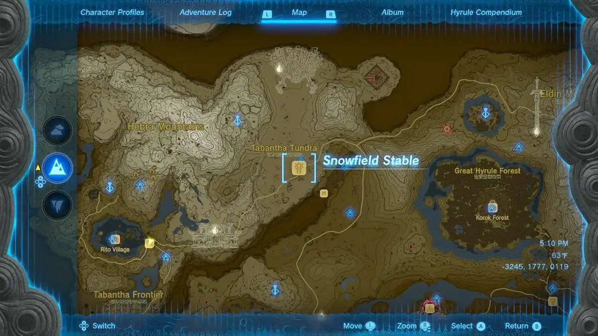 Snowfield Stable map location in Tears of the Kingdom.