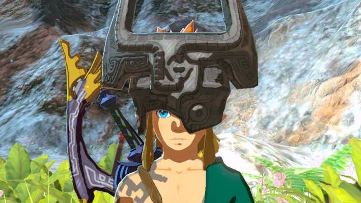 A screenshot of Link wearing Midna's Helmet in Tears of the Kingdom.