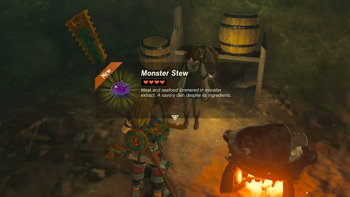 A screenshot of Link obtaining Monster Stew in Tears of the Kingdom.