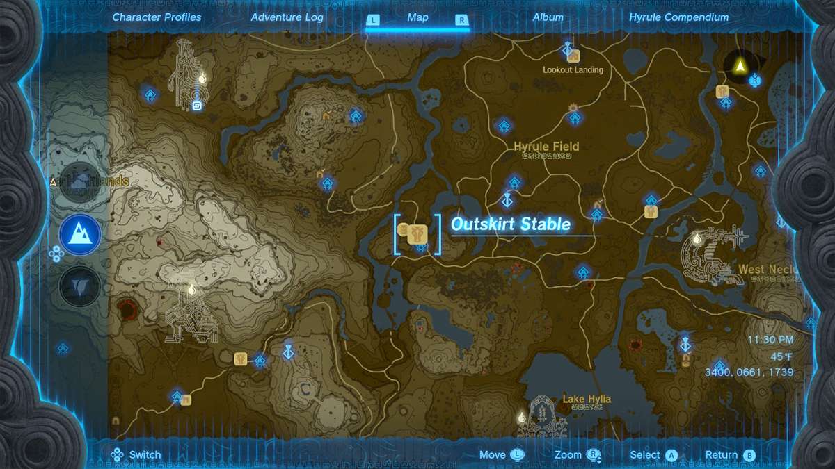 The Outskirt Stable map location in Tears of the Kingdom.