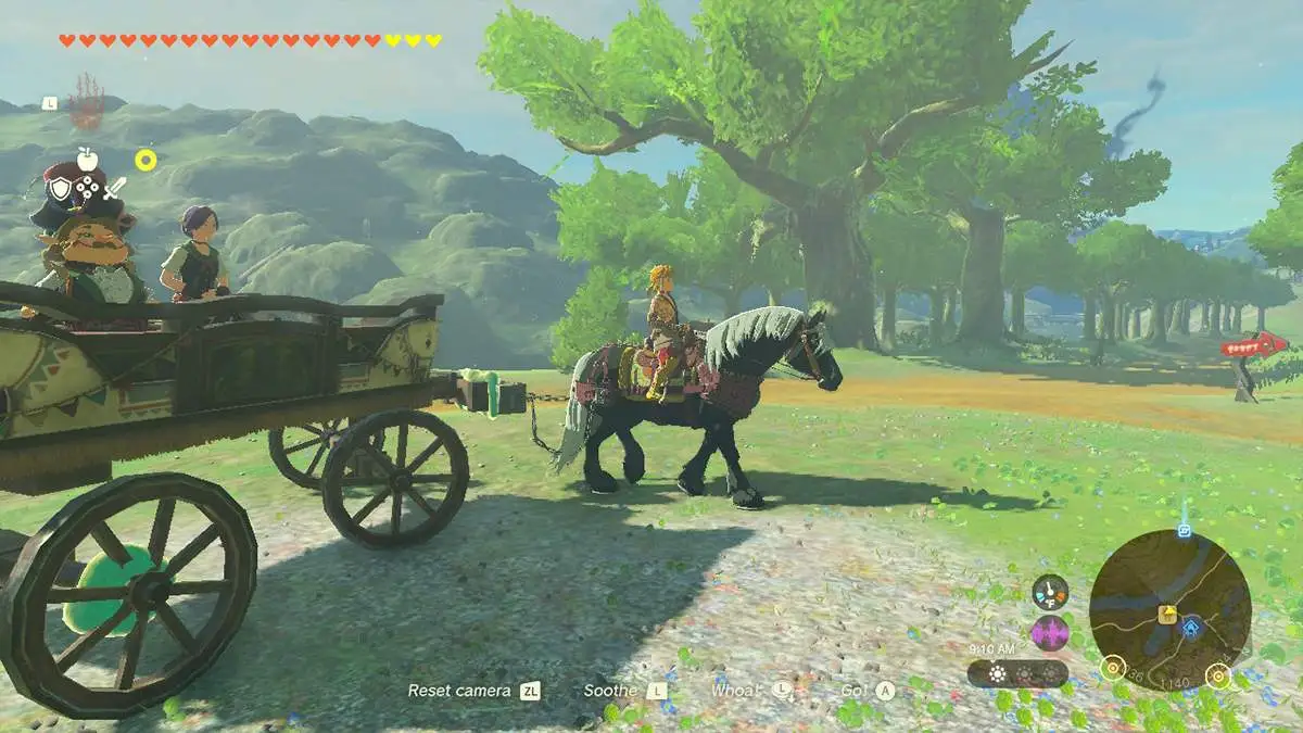 A screenshot of Link riding a horse in Tears of the Kingdom.