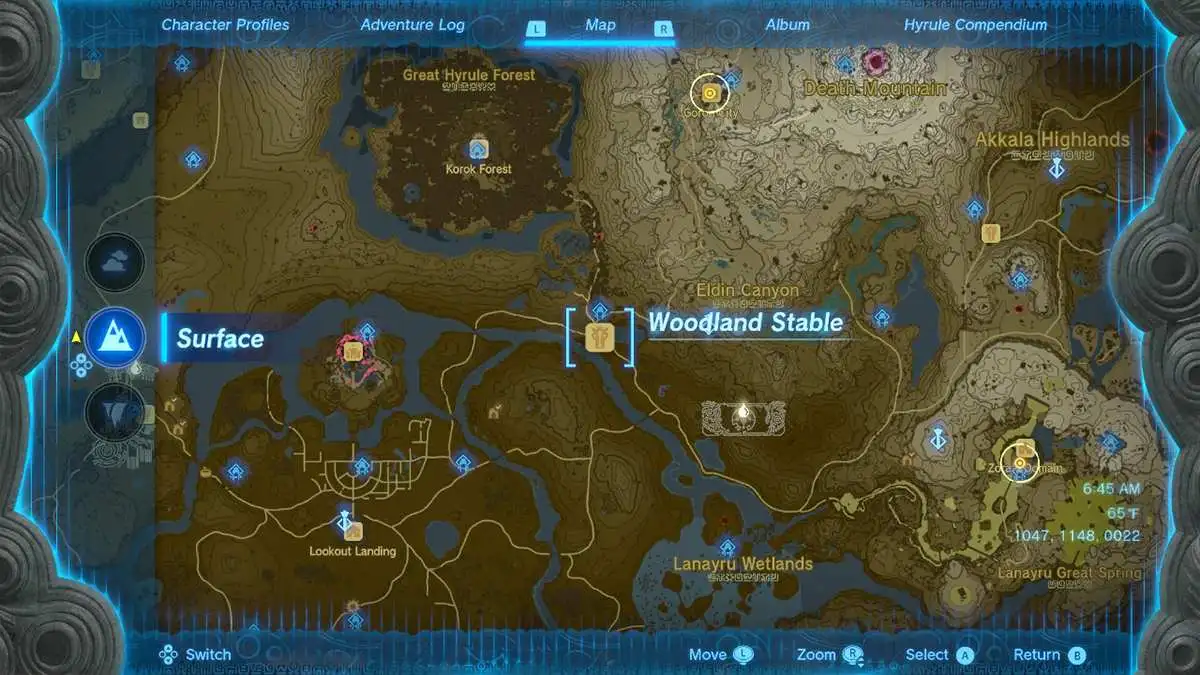 The Woodland Stable map location in Tears of the Kingdom.