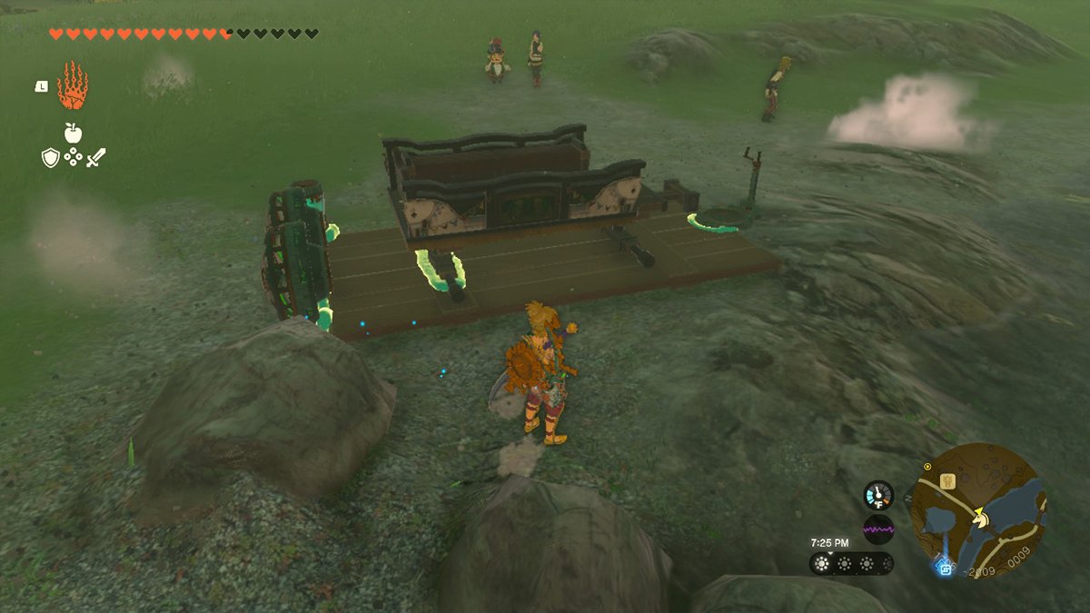 A screenshot of Link making a cart boat in Tears of the Kingdom.