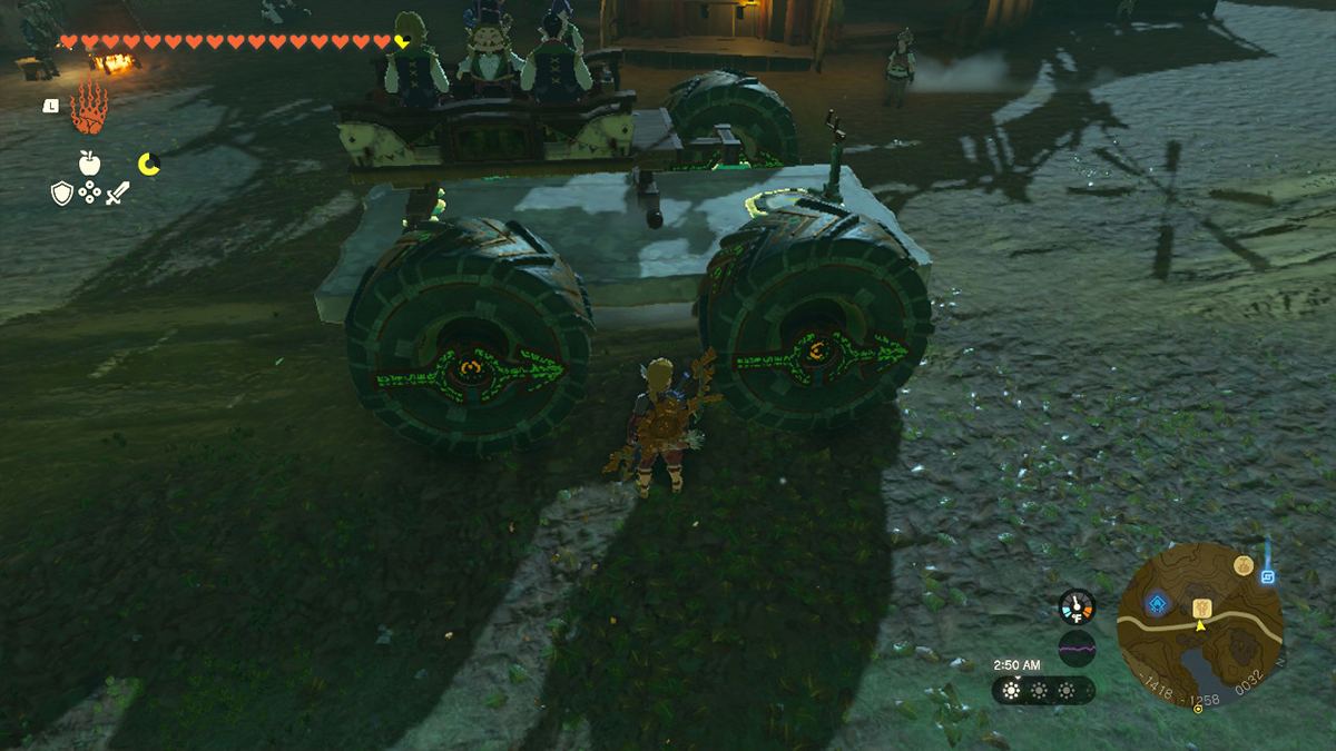 A screenshot of Link riding a monster truck in Tears of the Kingdom.