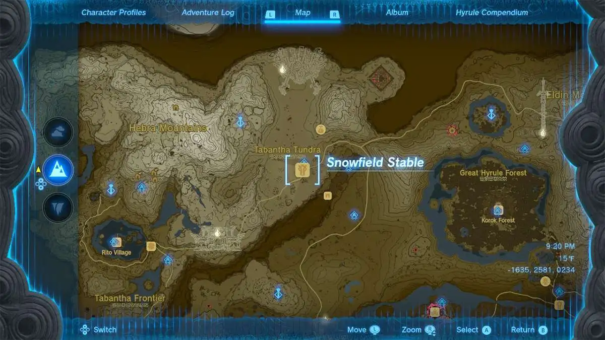 The Snowfield Stable map location in Tears of the Kingdom.