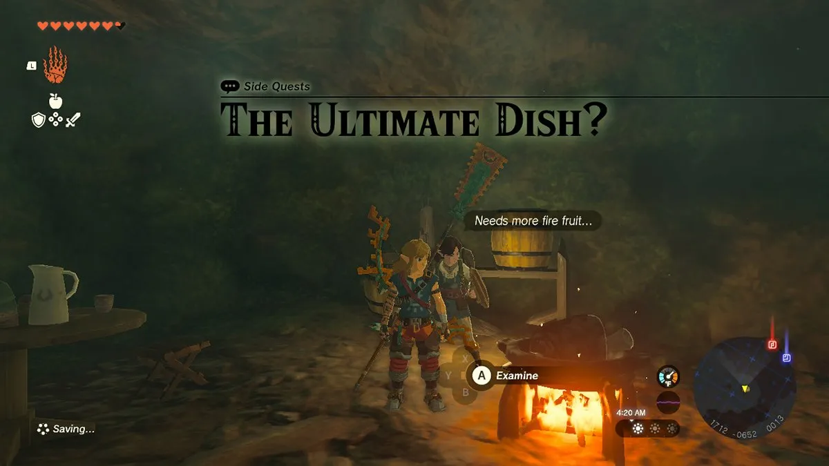 A screenshot of Link cooking with Moza in Teras of the Kingdom.