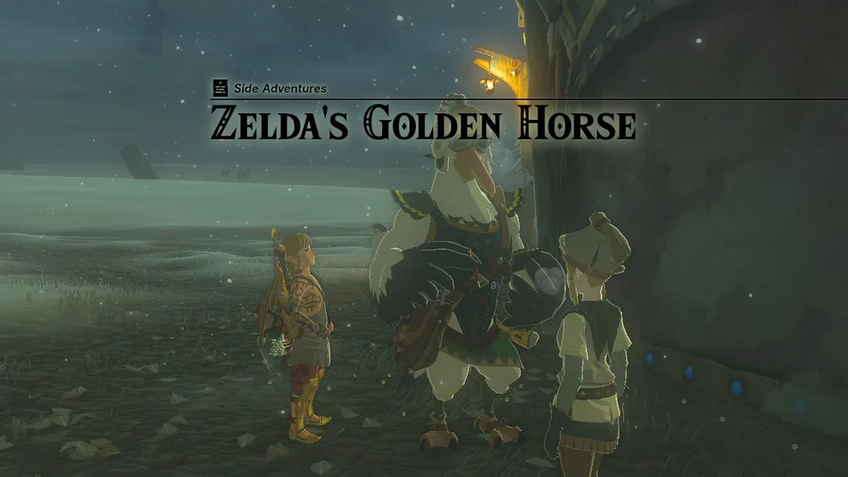 A screenshot of Link starting Zelda Golden Horse in Tears of the Kingdom.
