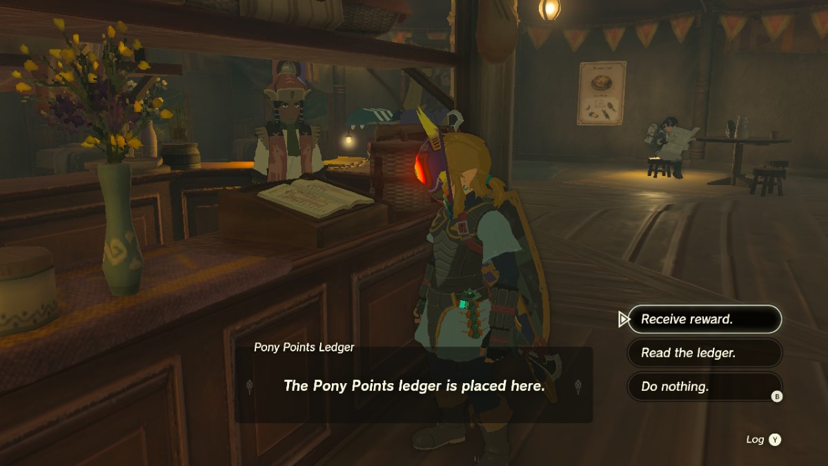 Link at the Pony Points Ledger in Tears of the Kingdom.