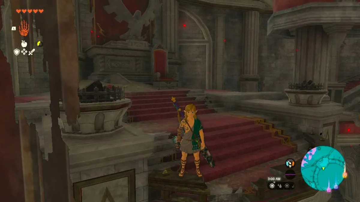 A screenshot of Link standing in front of a brazier puzzle in Tears of the Kingdom.