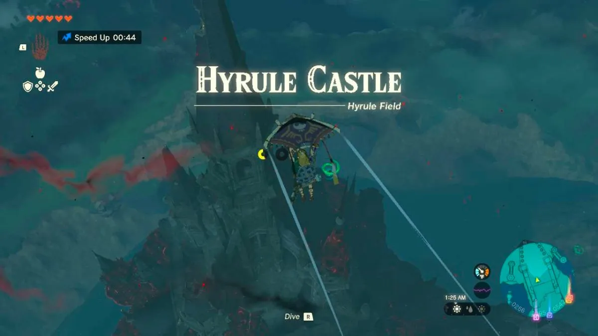 A screenshot of Link gliding to Hyrule Castle in Tears of the Kingdom.
