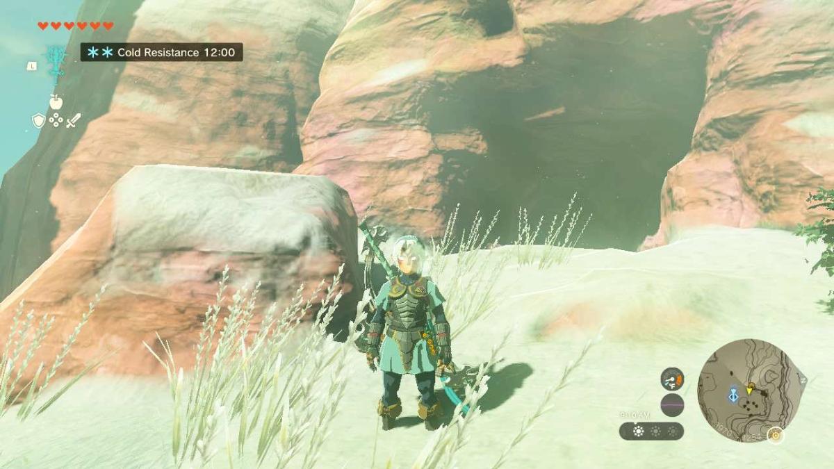 Link standing in front of a cave in Tears of the Kingdom.