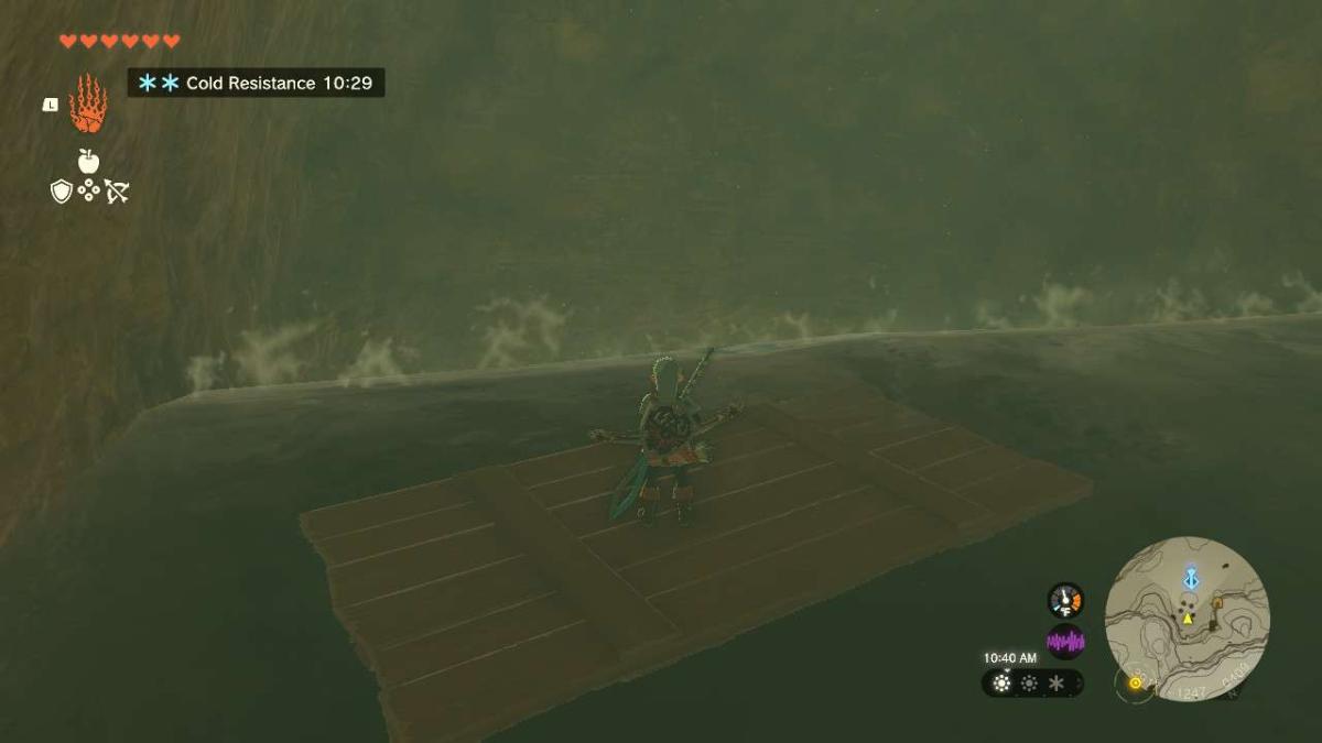 Link floating on a board in Tears of the Kingdom.
