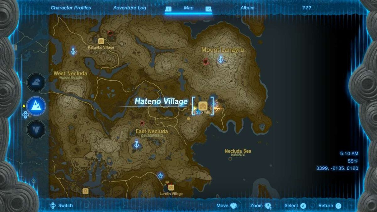 Map location of Hateno Village in Tears of the Kingdom.