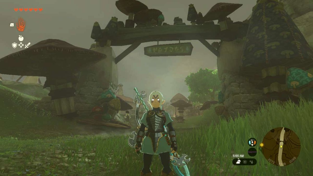 Link standing outside Hateno Village in Tears of the Kingdom.