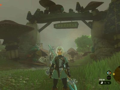 Link standing outside Hateno Village in Tears of the Kingdom.