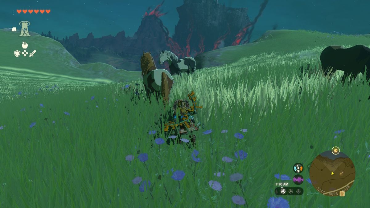 Link sneaking up on a wild horse in Tears of the Kingdom.